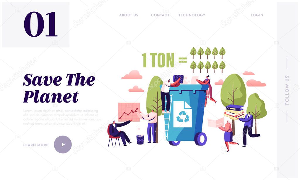 Less Paper Using, Stop Deforestation and Trees Cutting Website Landing Page. Tiny Characters Throw Paper Waste to Recycle Litter Bin, Eco Conservation Web Page Banner. Cartoon Flat Vector Illustration