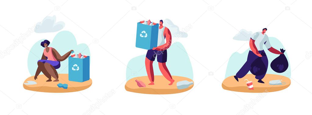 Set of People Collecting Trash into Bags on Beach. Pollution of Seaside with Different Kinds of Garbage. Volunteers Clean Up Wastes on Ocean Coast. Ecology Protection Cartoon Flat Vector Illustration