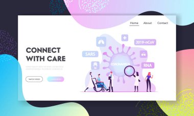 Rna Coronavirus Enfeksiyon Sitesi İniş Sayfası. Hastalıklı İnsanlar Öksürüyor, Doktor Hasta Maskeli Adam 'la Tekerlekli Sandalye İtiyor. 2019 ncov Pandemik Tıbbi Web Sayfası Afişi. Çizgi film Düz Vektör İllüstrasyonu