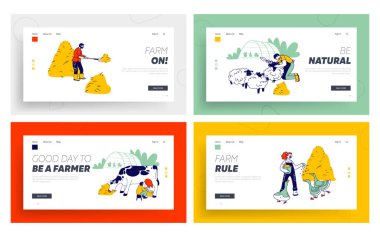 Çiftçilik işi yapan insanlar web sitesi iniş sayfası seti. Çiftlikteki Köylü Saman, Shearing Sheep, Süt İneği, Sera Web Sayfasında Bahçıvanlık. Çizgi film Düz Vektör İllüstrasyonu, Satır Sanatı