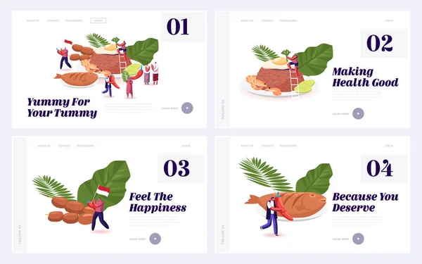 Oosterse Indonesische keuken, traditionele maaltijden en gerechten Website Landing Page Set. Aziatisch Maleisisch eten Menu Penyetan Fish, Chicken Satay, Nasi Goreng Web Page Banner Cartoon Flat Vector Illustratie — Stockvector