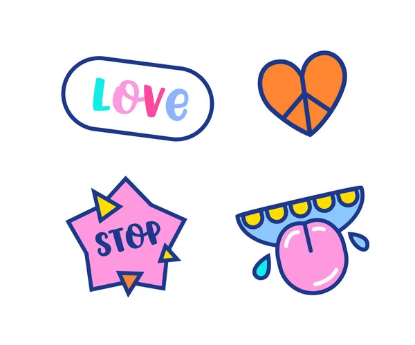 Cartoon Elements Anti Bullying and Friendship Concept Isolated on White Background. Piece Hippie heart, Love Badge, Star with Word Stop, Open Mouth with Tongue and Teeth, Icons Set Vector Illustration — Stockový vektor