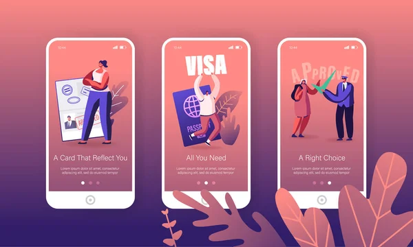 Pessoas recebendo Visa Mobile App Page Onboard Screen Set. Viajantes e Turistas Fazendo Documento para Deixar o País e Viajar no Exterior Conceito para Site ou Página Web, Cartoon Flat Vector Ilustração —  Vetores de Stock