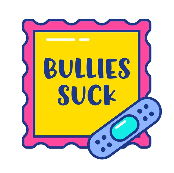 Anti Bullying Banner with Bullies Suck Typography inside of Mail Stamp with Patch Isolated on White Background (en inglés). Detener el concepto de acoso cibernético, insignia de zona libre de acoso, ilustración de vectores de dibujos animados con etiqueta engomada — Archivo Imágenes Vectoriales