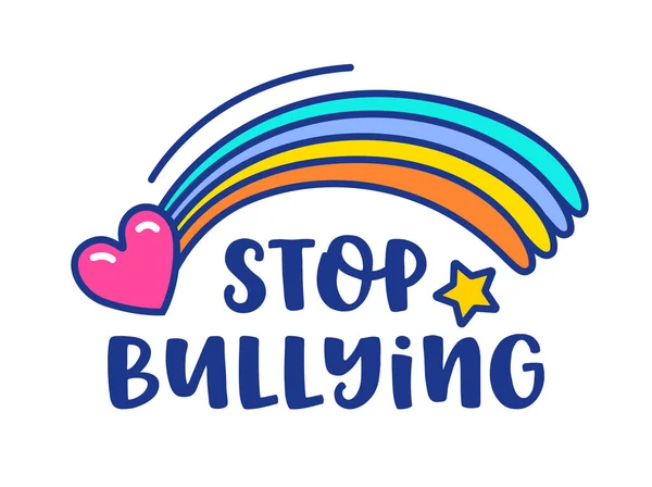 Stop Bullie Banner with Rainbow, Heart and Star Isolated on White background (англійською). Bully Free Zone Sign, Colorful Symbol for Internet Social Network and Online Teenage Society Cartoon Vector Illustration — стоковий вектор