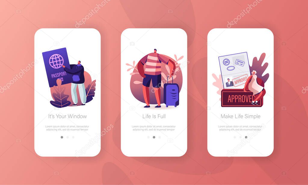 Visa Approval and Traveling Mobile App Page Onboard Screen Set. Tourists with Luggage and Passport Leaving Country for Trip Abroad Concept for Website or Web Page, Cartoon Flat Vector Illustration