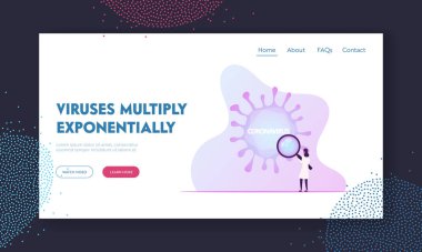 Salgın Mers-Cov Bakteri Uyarısı, Viroloji Web Sitesi İniş Sayfası. Doktor, Büyüteçle Büyük Coronavirus Ncov Hücrelerine bakın. Dev Mikrop Web Sayfası Afişi. Çizgi film Düz Vektör İllüstrasyonu