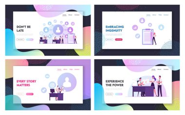 Sorumluluk Delegasyonu, Üretim ve Verimlilik Web Sitesi İniş Sayfası Seti. İş Liderleri Ofisteki Çalışanlara İş Veriyor Web Sayfası Afişi. Çizgi film Düz Vektör İllüstrasyonu