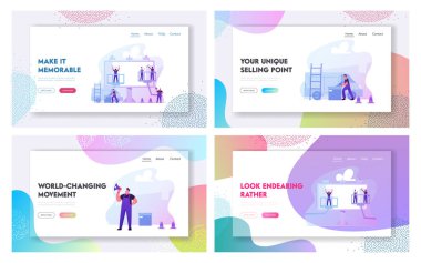 İmza Kurulu Web Sitesi İniş Sayfası Ayarlandı. İşçiler teçhizatla caddeye ilan panosu kuruyor. Megafon Yönetimi Çalışan Ustabaşı Web Sayfası Afişi. Çizgi film Düz Vektör İllüstrasyonu