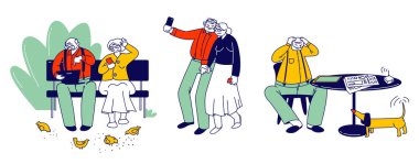 Akıllı Aygıtlar kullanan bir grup kıdemli insan. Yaşlanmış Erkek ve Kadın Karakterler Gadget Kullanmayı Öğrenir, Akıllı Telefon 'da Selfie Yapar, Laptop' ta Sohbet Eder. Çizgi film Düz Vektör İllüstrasyonu, Satır Sanatı