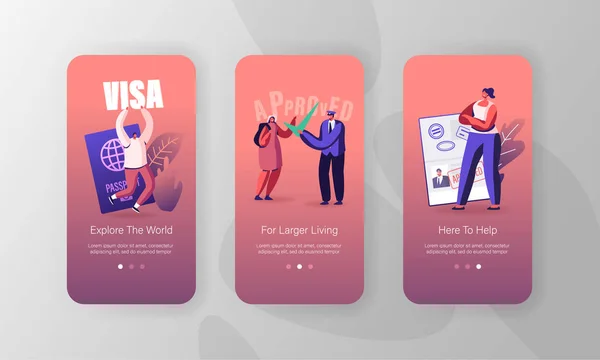 Los viajeros aprueban Visa Mobile App Page Set de pantalla a bordo. Personas con pasaporte extranjero y nativo, sello de inmigración itinerante, concepto de viaje para sitio web o página web, ilustración de vectores planos de dibujos animados — Archivo Imágenes Vectoriales