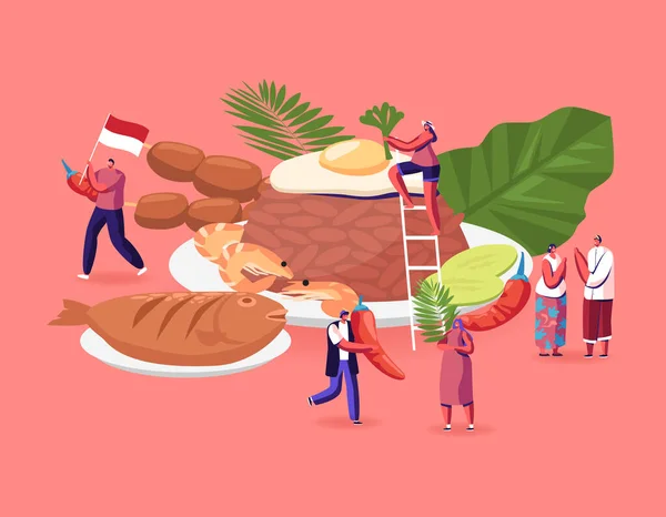 Traditional Indonesian Cuisine Concept. People in National Costumes and Tourists around Huge Dish Brown Rice with Fried Eggs and Shrimps, Roasted Fish and Veggies Cartoon Flat Vector Illustration — Stockový vektor