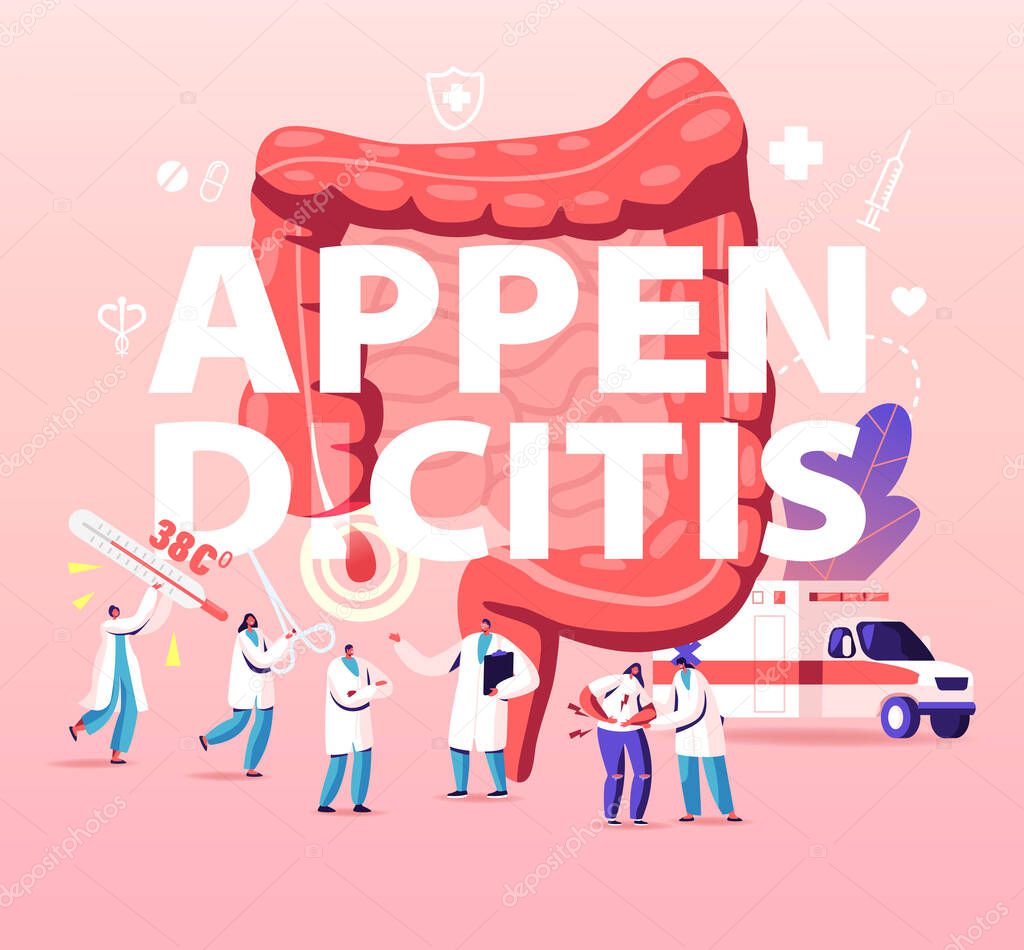 Appendix Pain and Appendicitis Disease Concept. Doctor and Surgeon Help Patient with Abdominal Pain Symptoms. Emergency Help, Surgery Poster Banner Flyer Brochure. Cartoon Flat Vector Illustration
