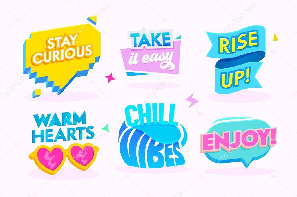 Good Vibes Motivation Icons Set Isolated on White Background. Labels and Banners with Typography Quotes. Warm Hearts, Chill Vibes and Rise Up. Take it Easy, Stay Curious Cartoon Vector Illustration