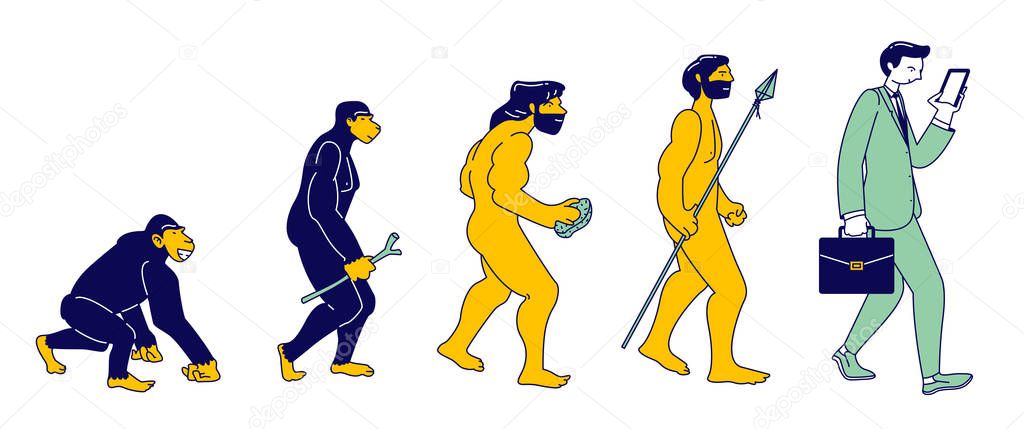 Human Evolution of Monkey to Modern Business Man with Smartphone Isolated. Male Character Evolve Steps From Ape to Upright Homo Sapiens, Darwin Theory. Cartoon Flat Vector Illustration, Line Art