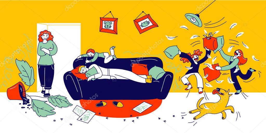 Naughty Hyperactive Children Fighting, Little Boy and Girls Playing and Making Mess, around Sleeping Father. Kids Fooling and Fight Pillows, Bad Behaviour, Cartoon Flat Vector Illustration, Line Art