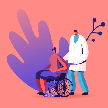 Hasta Kadın Damarlarında Tromboz Hastalığı ya da Felç Olan Ayakları Olan Doktor Karakter Tekerlekli Sandalyesi. Engellilik, varis sorunu, ameliyat sonrası iyileşme. Çizgi film İnsanları Vektör İllüstrasyonu