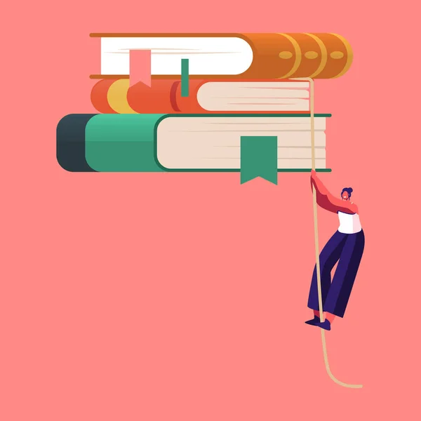 Tiny personaje femenino escalando por cuerda en la estantería con libros enormes. Educación, preparación para exámenes y pasatiempo de lectura. Estudiante en Biblioteca, Archivo con Librería. Ilustración de vectores de dibujos animados — Vector de stock