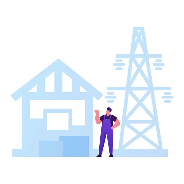 Uso industrial del concepto de aluminio. Hombre trabajador carácter usar bata de trabajo y soporte de casquillo cerca de la línea de alimentación de alto voltaje y caja de transformador, tecnología de electricidad. Ilustración de vectores de dibujos animados — Vector de stock