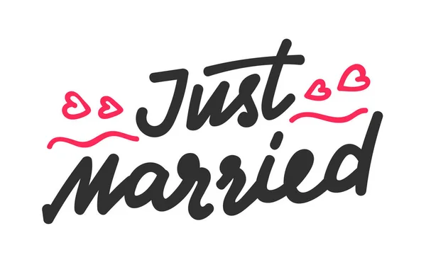 Just Married Hand Written Lettering with Red Outline Hearts and Wavy Ornate Lines Isolado em fundo branco. Elemento de design para casamento cartão de saudação e convite romântico. Ilustração vetorial —  Vetores de Stock