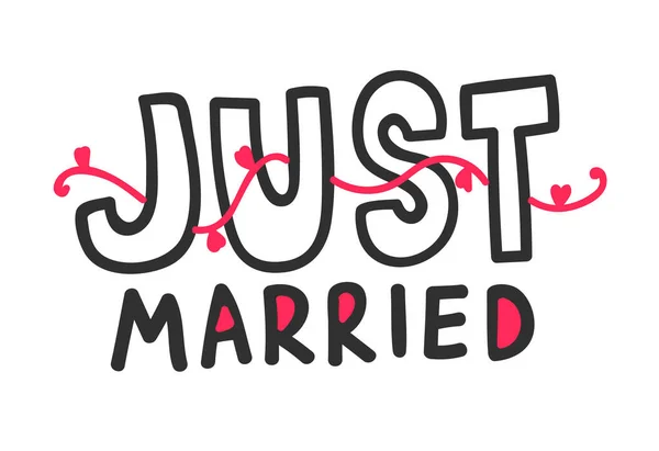"Just Married Outline Hand Written Lettering with Black Font", Red Hearts Wavy Ornament Isolated on White Background. Дизайн елементів для весільних вітальних карт або романтичних запрошень. Векторний приклад — стоковий вектор
