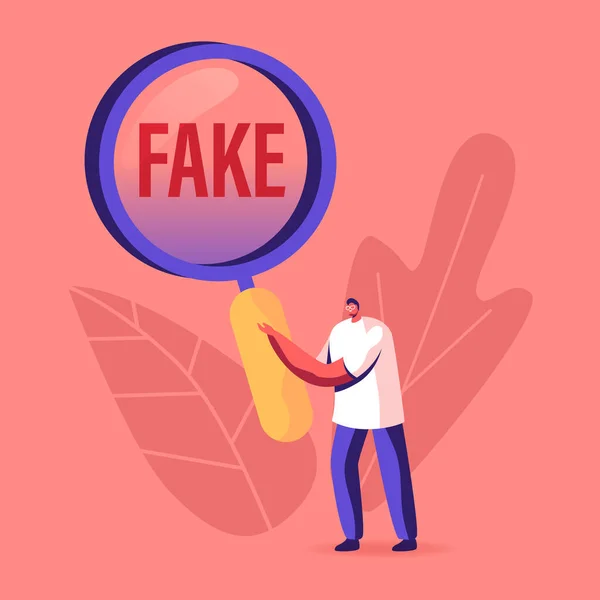 Social Media Forgery Information Concept (em inglês). Personagem Masculino com Enorme Ampliação Olhando para Falso Notícias Tipografia. Pessoas Blabber, Leia informações falsas, Espalhando escândalos. Desenhos animados Vector Ilustração —  Vetores de Stock