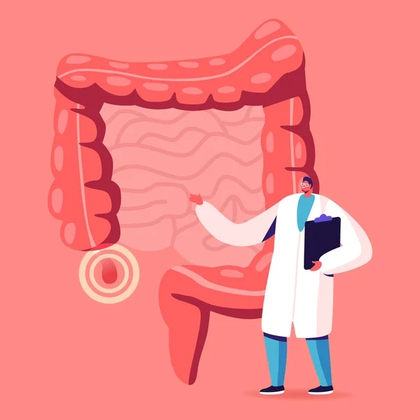 의사 또는 의학 교사 캐릭터 (Doctor or Medical Master Character stand at Human Intestines with Sore Appendix Infographics Decide Strategy of Treatment). Abdominal Pain, Gastrointestinal System Disease. 카툰 Vector Illustration — 스톡 벡터