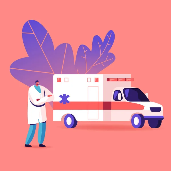 Ambulanza Servizio del personale medico Occupazione. Personaggio medico Stand in auto in ospedale. Pronto soccorso medico paramedico Prepararsi per i pazienti affetti da malattie da trasporto, assistenza sanitaria. Illustrazione del vettore del fumetto — Vettoriale Stock