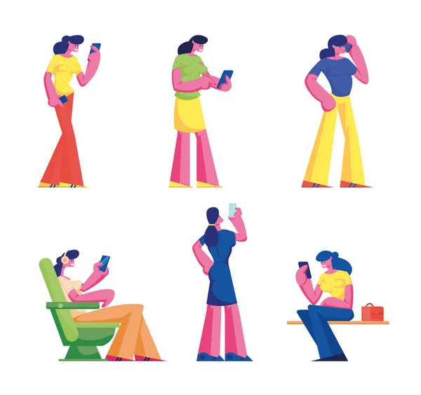 Conjunto de Mulheres com Smartphone, Gadget Addiction. Jovens personagens femininas segurando telefones celulares conversando, mensagens de texto, leitura de notícias nas mídias sociais, voando no avião. Desenhos animados Pessoas Vector Ilustração —  Vetores de Stock