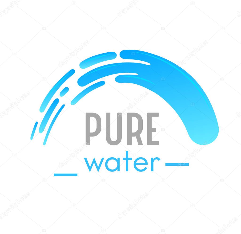 Pure Water Banner with Waterfall Cascade or Falling Stream of Liquid Aqua on White Background. River, Fountain Element for Design, Nature Logotype. Sea Wave in Shape of Arch. Vector Illustration