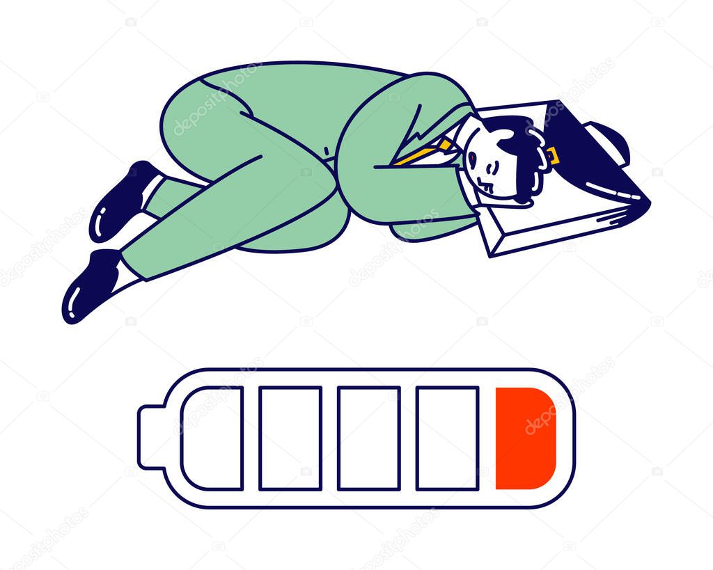 Tired and Exhausted Businessman Character Lying on Ground Sleeping with Bag under Head near Huge Battery with Low Energy Level. Working Burn Out, Zero Accumulator Power. Linear Vector Illustration