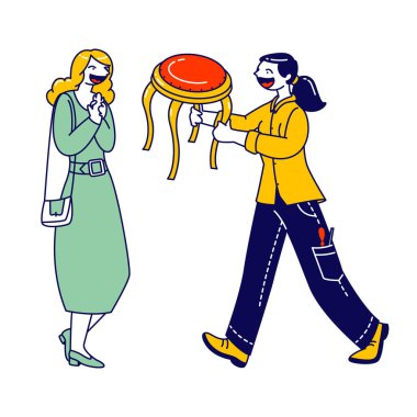 Mutlu Kadın Tasarımcı Karakteri Yenilenmiş Tabureyi Minnettar Müşteriye Veriyor. Restorasyon ve Modernizasyon İşletme veya Hobi. İnsanlar Yaratıcı Faaliyet ve Hizmete Bağlıydı. Doğrusal Vektör İllüstrasyonu