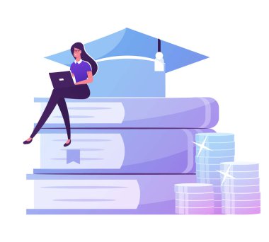 Educational Loan Concept. Tiny Female Student Character Work on Laptop Sitting on Huge Book Pile with Academic Cap and Coins. Young Woman Prepare for Exam, Get Knowledge. Cartoon Vector Illustration clipart