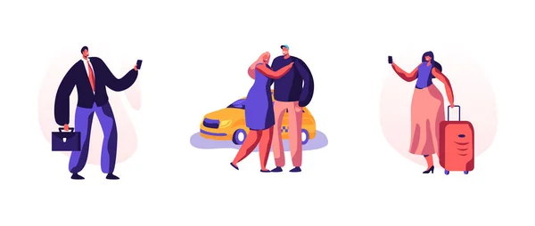 Taxi Service Set. Conductor en taxi amarillo Espere y entregue personajes de pasajeros con equipaje a destino. Gente pidiendo taxis usando la aplicación y atrapando en la calle. Ilustración de vectores de dibujos animados — Archivo Imágenes Vectoriales