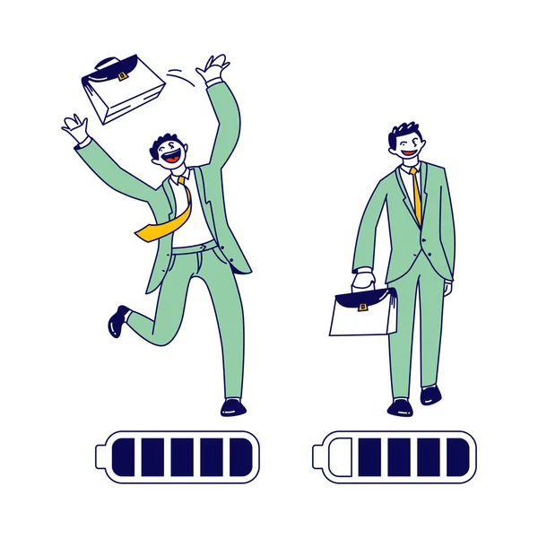 Personaje de hombre de negocios con alto nivel de energía corriendo y lanzar maletín hasta el aire. Batería con indicador de carga completa. Desafío empresarial, inicio de la semana laboral en el trabajo. Ilustración de vectores lineales — Archivo Imágenes Vectoriales