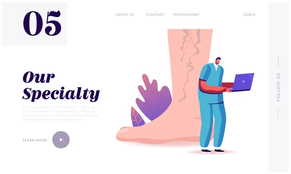 Lábápolás, Podiatry Landing Page Template. Apró Doktor Karakter Laptoppal a Beteg Vénás Lábnál Keresési Információ a trombózisról és a visszér kezelésről. Rajzfilm vektor illusztráció — Stock Vector