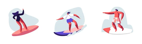 Conjunto de Jovens Surfando Recreação. Homem e Mulher Surfistas Personagens em Swim Wear Equitação Big Sea Waves na prancha de surf. Atividade de verão, Estilo de vida saudável, Férias. Desenhos animados Vector Ilustração — Vetor de Stock