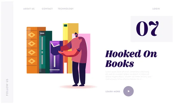 Edukacja, zdobywanie wiedzy Landing Page Template. Tiny Man Student Character Stand on Bookshelf with Huge Books Learning Praca domowa lub Przygotuj się do egzaminów na Uniwersytecie. Ilustracja wektora kreskówek — Wektor stockowy