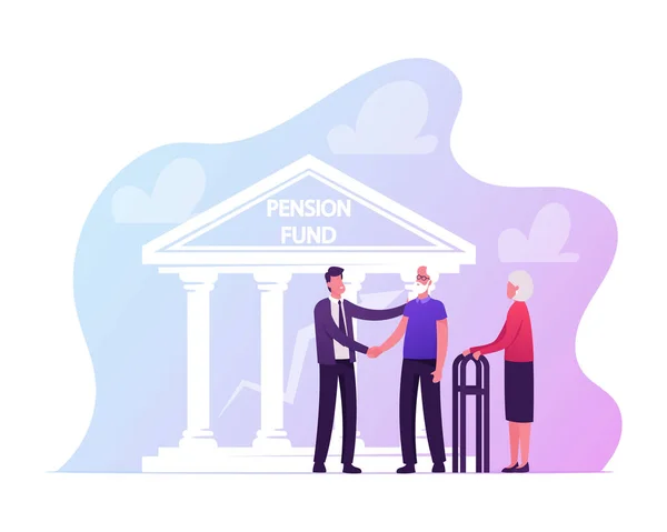 Positive Aged Couple Consulting with Insurance Agent Caracter who Shaking Hand to Senior Man Explaining Options regarding the Deal Front of Pension Fund Building. Dibujos animados Gente Vector Ilustración — Vector de stock