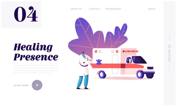 Ambulance Medical Staff Service Landing Page Template. Postava zdravotníka v autě v nemocnici. Pohotovostní lékař Nemocní pacienti Přeprava, Zdravotní péče. Cartoon Vector Illustration — Stockový vektor