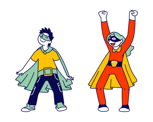 Супергерой Діти-друзі бавляться і веселяться разом. Діти-супергерої, які носять костюми коміксів і Кейпс, готові до перемоги. Точність, лідерство і успіх. Linear Vector Illustration — стоковий вектор