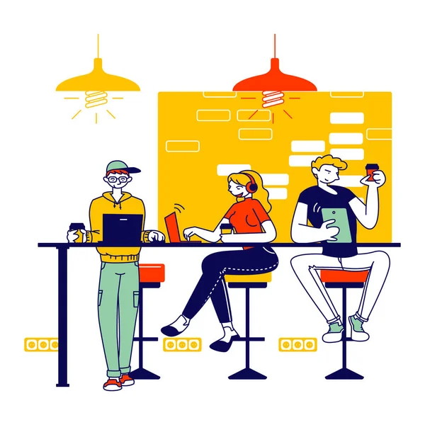 Postacie męskie i żeńskie Siedzące w Cafe Messaging Online w sieciach społecznościowych, Czatowanie w telefonie komórkowym Korzystanie z bezpłatnego Internetu Wi-Fi, Pij kawę. Ludzie w miejscu rekreacji. Liniowa ilustracja wektora — Wektor stockowy