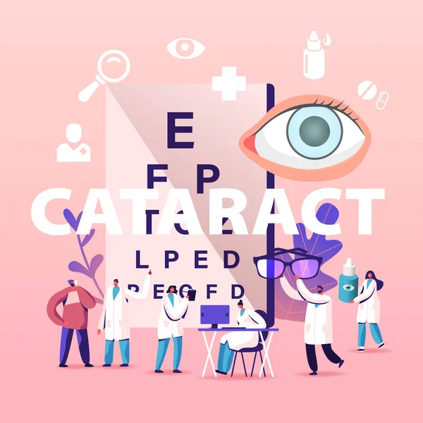 Konsep katarak. Tiny Doctors Characters Treating Clouding of Lens in Eye yang menyebabkan penurunan Visi, pasien orang Eyesight Check Up Medical Poster Banner Flyer. Ilustrasi Vektor Kartun - Stok Vektor