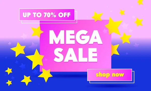 Рекламный баннер Mega Sale с типографикой на синем и розовом фоне со звездами. Рекламный шаблон дизайн для покупки скидки. Декорации на фоне контента, социальная реклама в СМИ. Векторная миграция — стоковый вектор