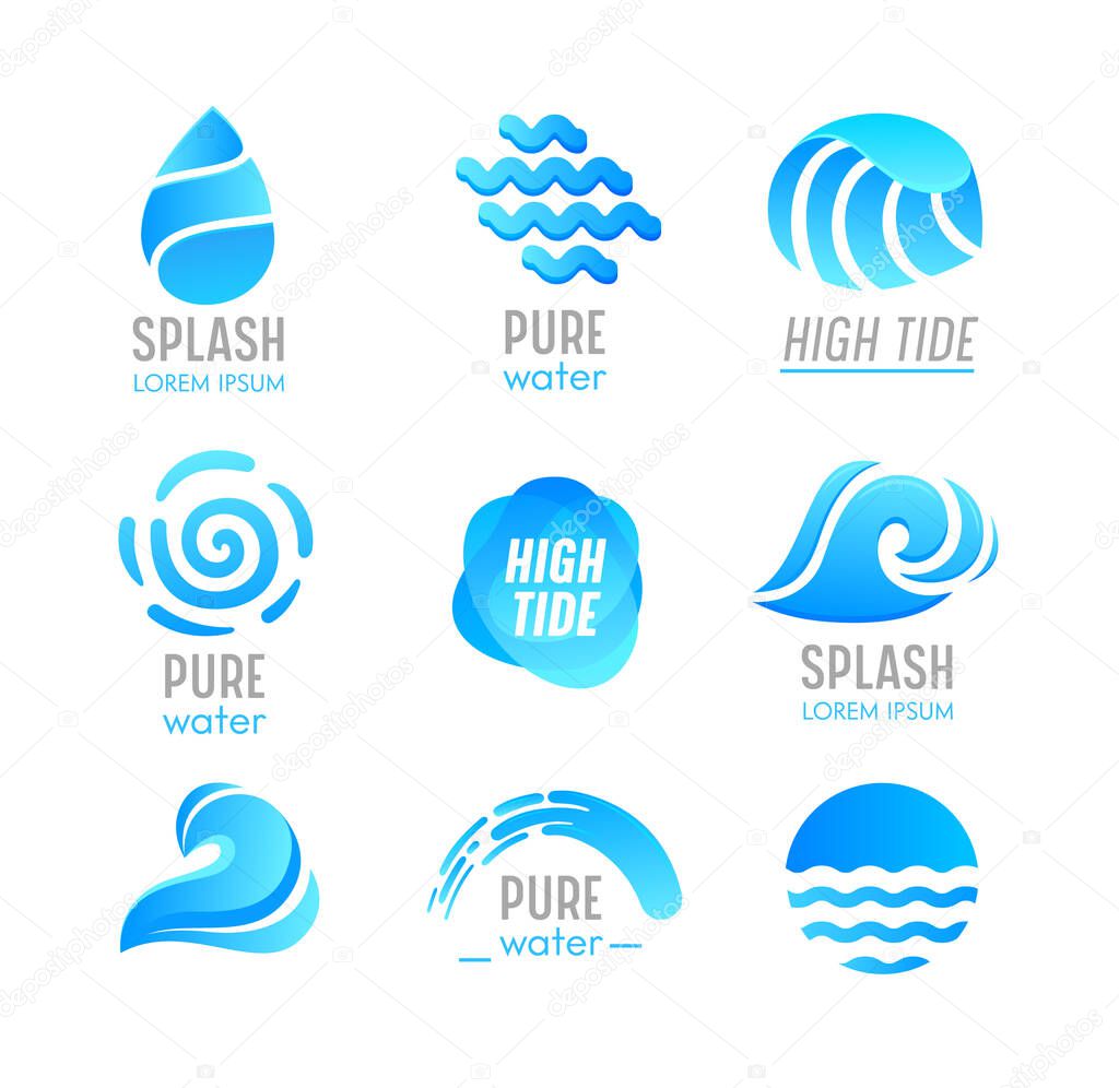 Set of Blue Water Drops and Sea Splashing Waves of Different Shapes with Typography Isolated on White background. Minimalistic Icons, Labels or Signs for Advertising Promo Banner. Vector Illustration