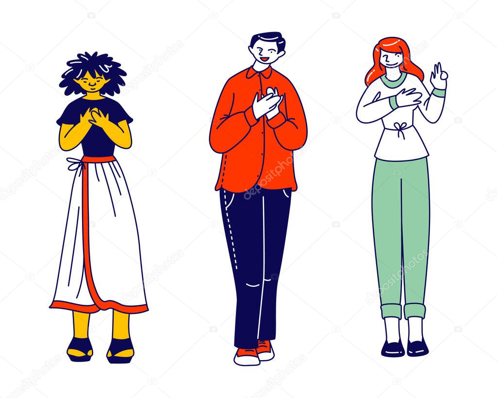 Diverse People Group Stand in Row Holding Palm on Heart Expressing Integrity and Honesty. Young Male and Female Characters Telling Truth, Swear in Fairness and Probity. Linear Vector Illustration