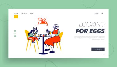 Büyükanne ve Yumurta İniş Şablonu Boyayan Küçük Kız. Mutlu Aile Karakterleri Paskalya Bayramı Kutlaması için hazırlanın. İnsanlar evde birlikte vakit geçirir. Doğrusal Vektör İllüstrasyonu