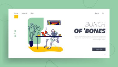 Job 'da işkolik, teslim tarihi veya iş yükleme, Bağlanma İniş Sayfası Şablonu. Kulaklıkta İskelet Karakter Ofis Masasında Laptop ekranında Kahve fincanı görüntüsüyle oturuyor. Doğrusal Vektör İllüstrasyonu