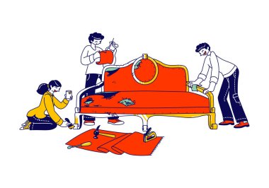 Mobilya yenileme. Marangoz ya da Tasarımcı Karakterleri Takımı Eski Kanepe Boyama Ahşap Parçalar ve Değişen Tekstil Döşemeleri 'ni modernize etti. Ahşap işleri ve İç Tasarım Hobisi. Doğrusal Vektör İllüstrasyonu