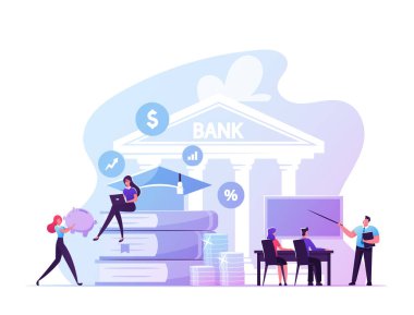 Eğitim Kredisi, Eğitim Yatırım Konsepti. Öğrenci Karakterleri Üniversite, Burs Kredi Bankası 'nda Borç Alırlar. Büyük Kitaplar Yığını ve Bozuk Paralar 'daki insanlar. Çizgi film Vektör İllüstrasyonu